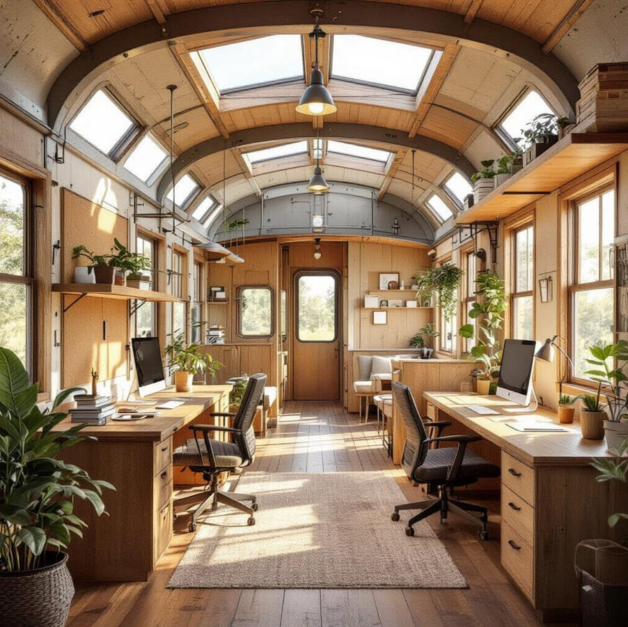 Interior Adaptive Reuse: Urban Community Garden Caboose Office Space Conversion